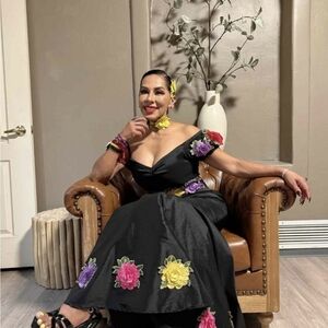 Elegant Black Maxi Dress with Floral Accents